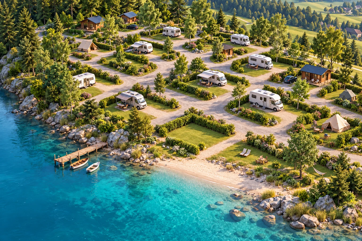 Illustrative 3D-Produktvision eines Campingplatzes am See, mit Stellplätzen, offenen Zufahrten, Wegen und Unterkünften