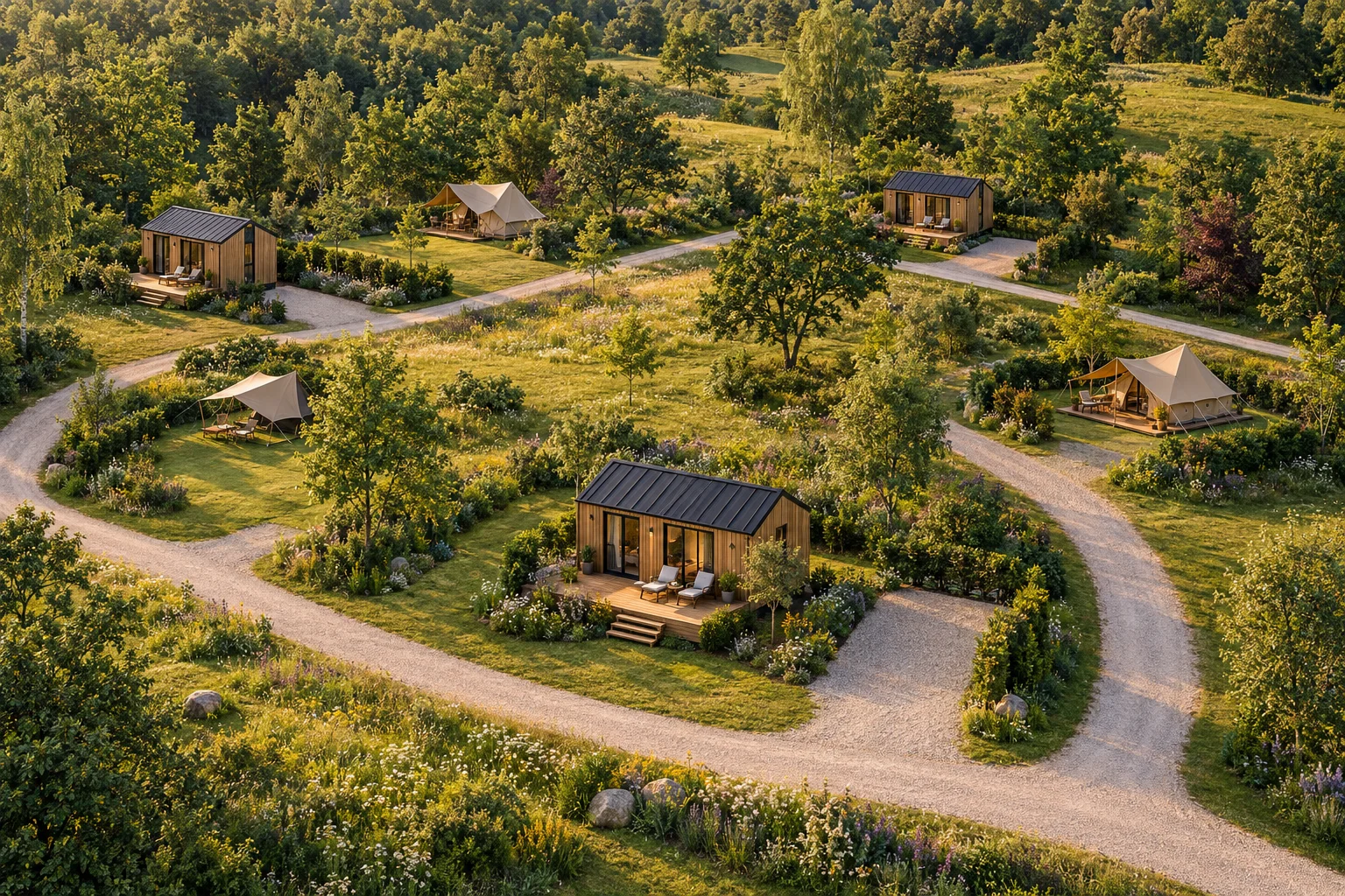 Illustrative 3D product vision of woodland meadow glamping with tiny houses, terraces and open access routes