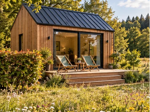 AI illustration: Tiny House T03 with a private terrace on a fictional woodland meadow